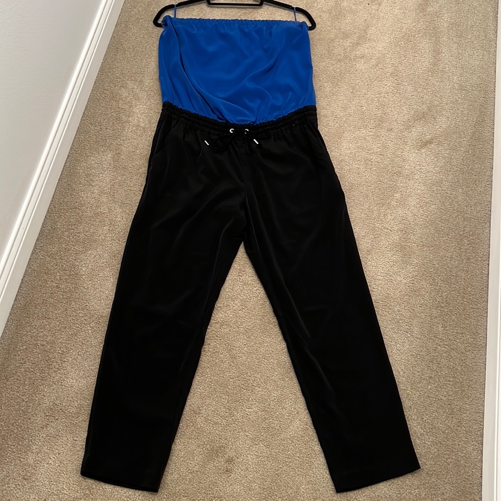 Blue and black strapless jumpsuit